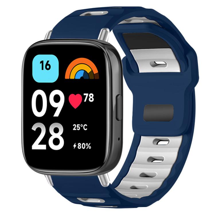 Navy and white silicone watch band with flat head and adjustable perforated strap
