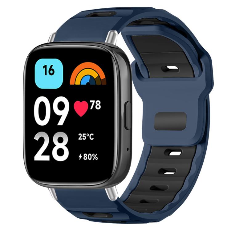 Blue-gray and black silicone watch band with flat head and adjustable perforated strap