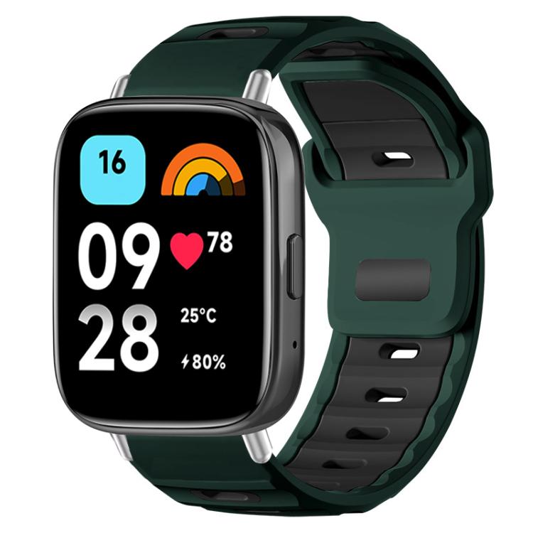 Dark green and black silicone watch band with flat head and adjustable perforated strap