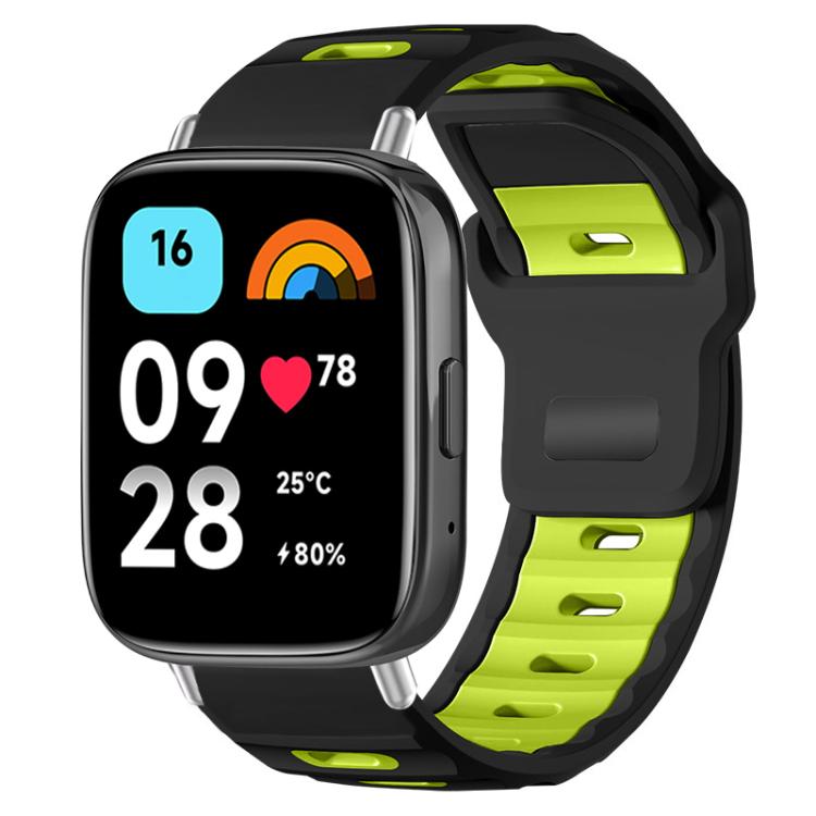 Black and fluorescent green silicone watch band with flat head and adjustable perforated strap