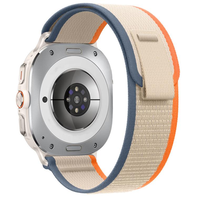 Nylon hook-and-loop watch band in beige with orange and blue edging