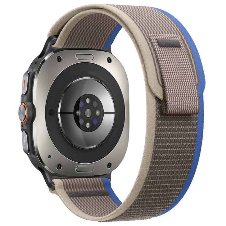 Gray nylon watch band with beige and blue edging