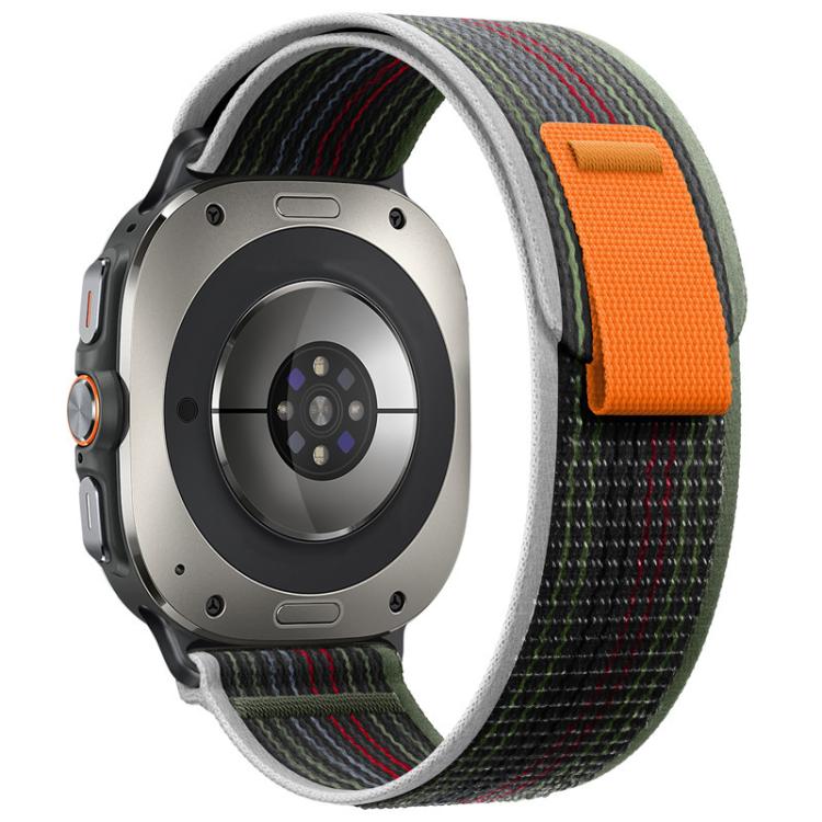 Multicolor woven nylon watch band with orange pull tab and light edging
