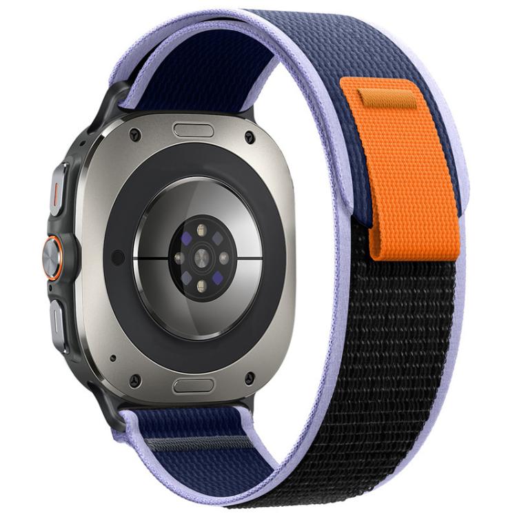 Navy and black nylon watch band with lavender edging and orange pull tab