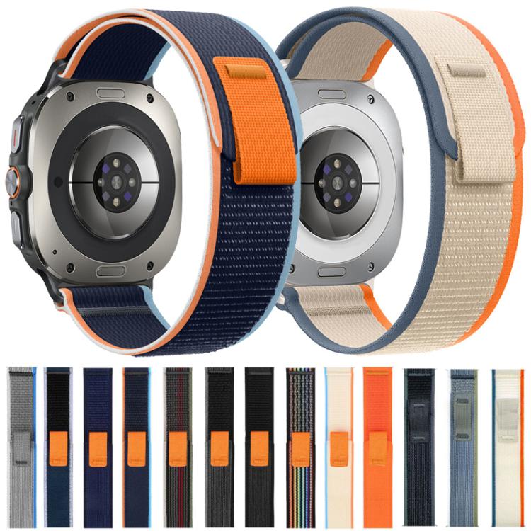 Nylon watch bands in navy and beige color combinations, shown on watches