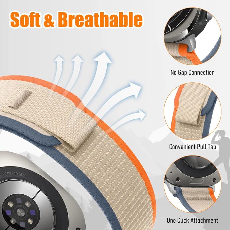 Beige nylon watch band with orange trim, pull tab, and one-click attachment