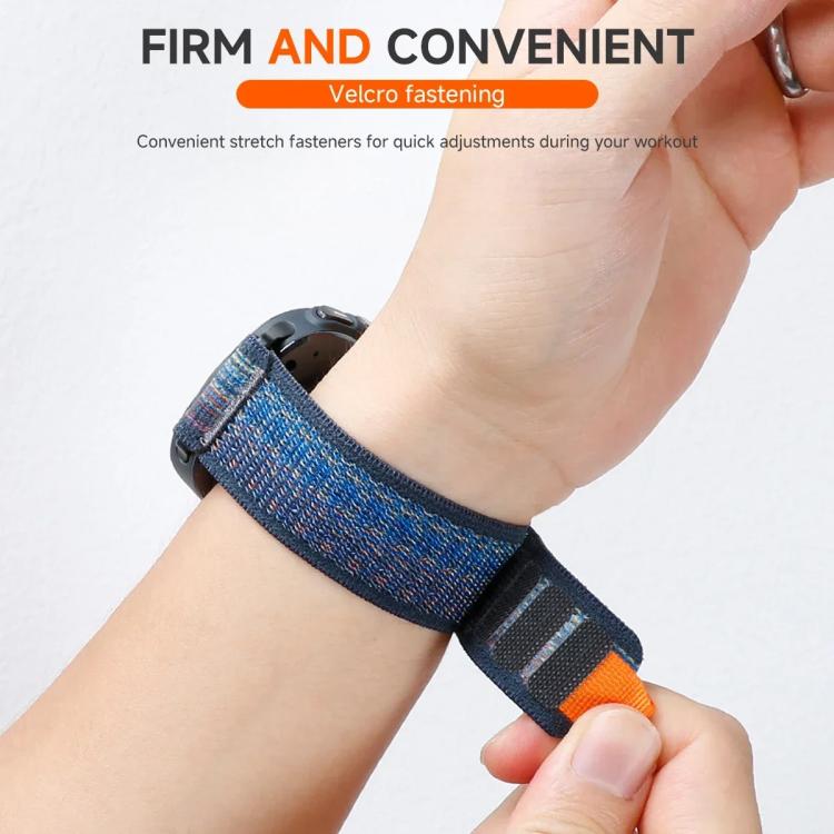 Blue woven nylon watch band with orange pull tab, fastened around a wrist