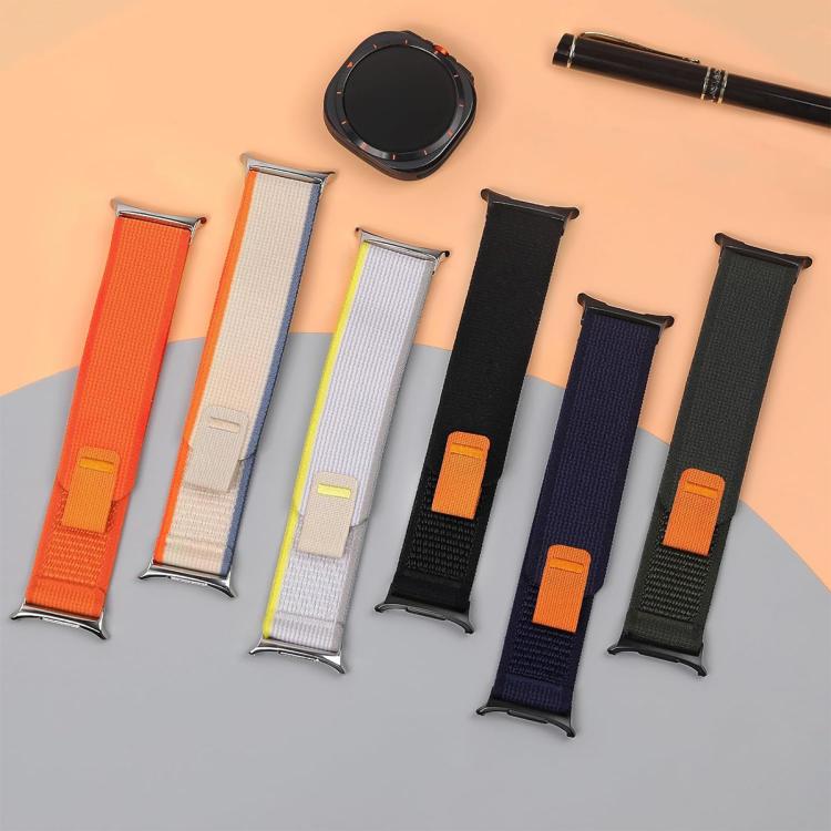 Six nylon watch bands in orange, beige, gray, black, and navy