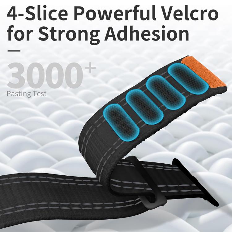 Black nylon watch band with four hook-and-loop fastening sections