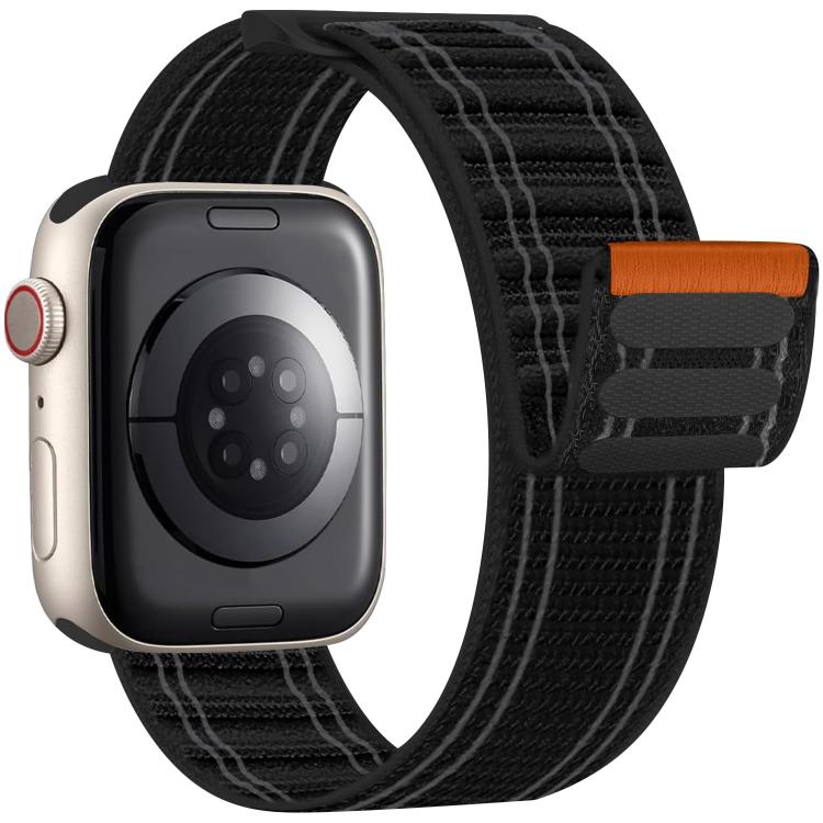 Black woven nylon watch band with gray stripes and orange closure tab