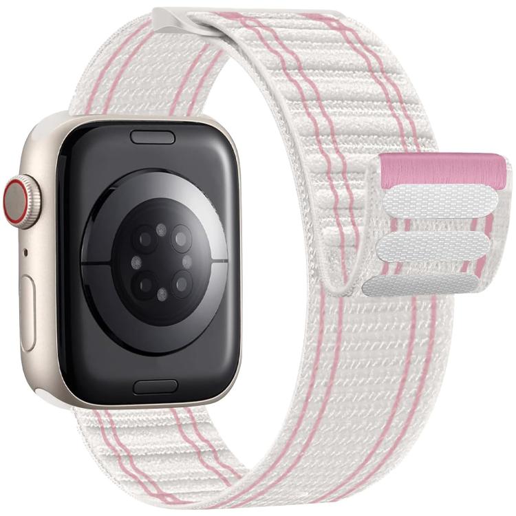 White woven nylon watch band with pink stripes and hook-and-loop closure