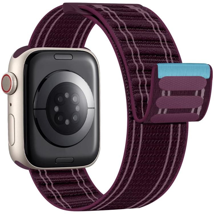 Plum woven nylon watch band with striped detail and hook-and-loop closure