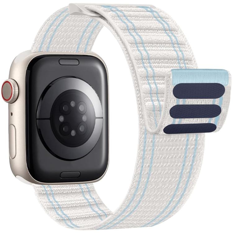 White woven nylon watch band with pale blue stripes and dark closure tabs