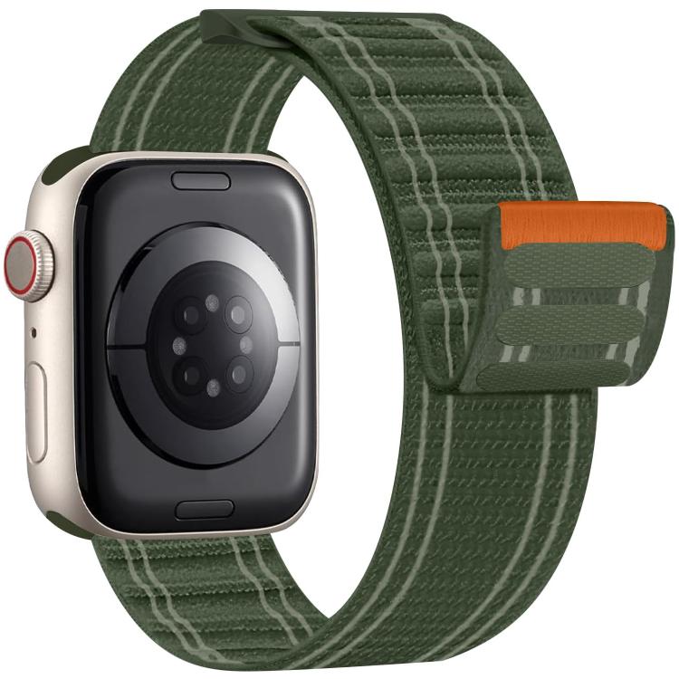 Olive green woven nylon watch band with light stripes and orange tab