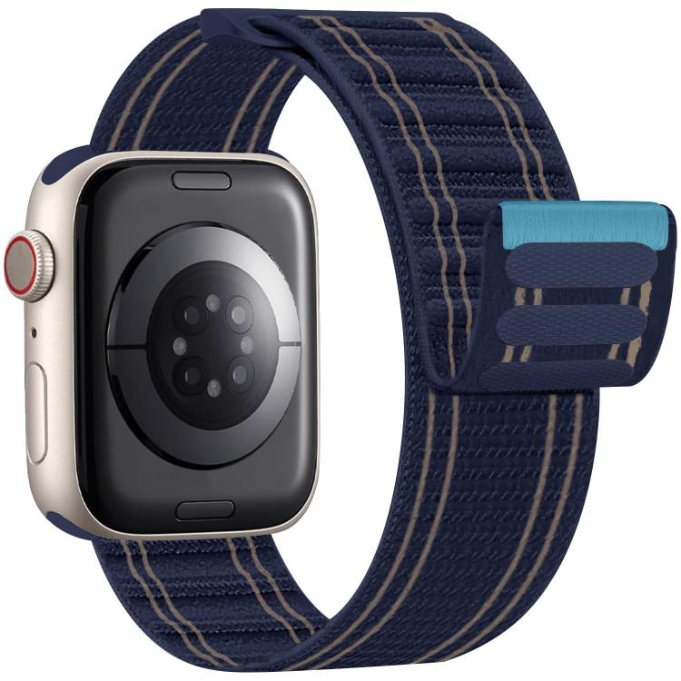 Navy woven nylon watch band with subtle stripes and blue closure tab