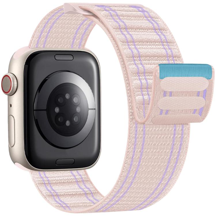 Apple Watch nylon loop band in pale pink with purple stitching and hook-and-loop closure