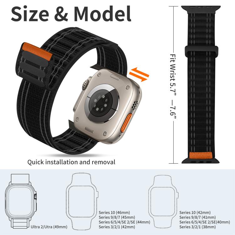 Black Apple Watch nylon loop band with orange accents, shown with fit and size information