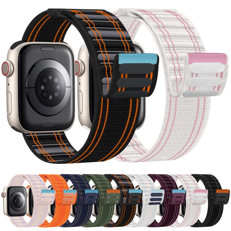 Apple Watch nylon loop bands in black and white, with a lineup of color options