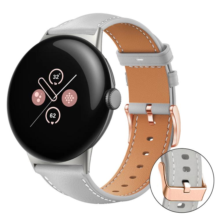 Grey vegan leather watch band with tan lining and rose gold buckle; buckle detail inset.