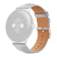 Grey vegan leather watch band with tan lining and rose gold buckle, shown on a silver smartwatch.