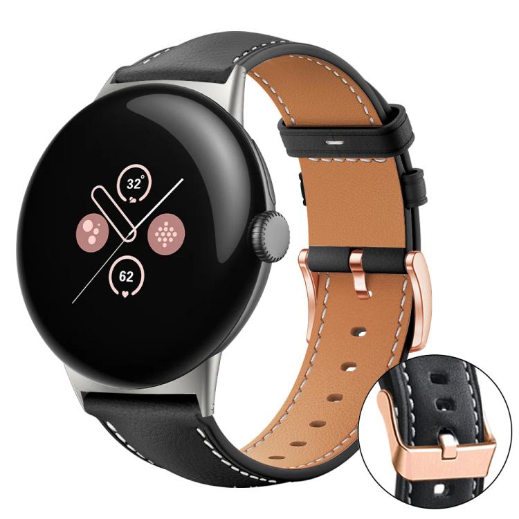 Black vegan leather watch band with tan lining and rose gold buckle; buckle detail inset.
