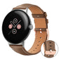 Brown vegan leather watch band with tan lining and rose gold buckle; buckle detail inset.