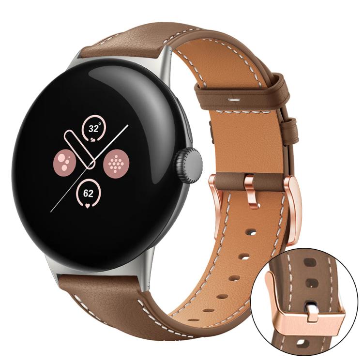 Brown vegan leather watch band with tan lining and rose gold buckle; buckle detail inset.