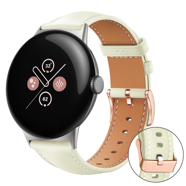 Cream vegan leather watch band with tan lining and rose gold buckle; buckle detail inset.