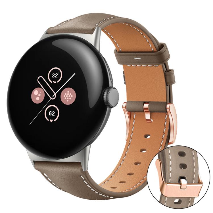 Taupe vegan leather watch band with tan lining and rose gold buckle; buckle detail inset.
