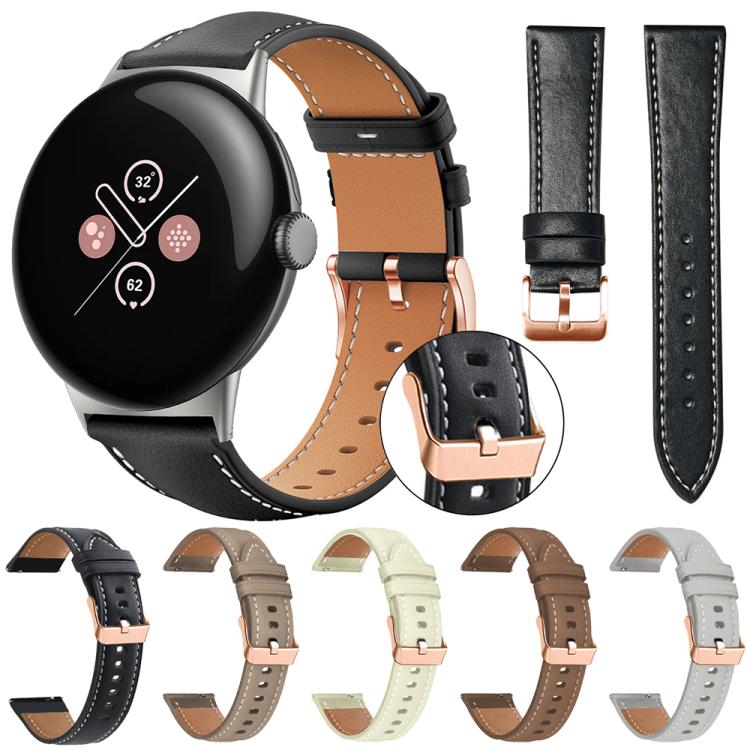 Black watch band with tan lining and rose gold buckle, shown with five color options and band pieces.