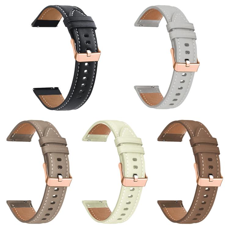 Five vegan leather watch bands in black, grey, taupe, cream, and brown, each with a rose gold buckle.