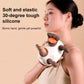 White silicone neck massager with brown strap, handheld control and two massage heads