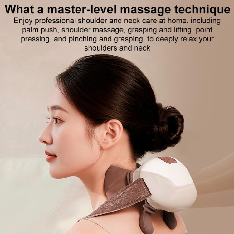 White neck and shoulder massager with brown straps and two rotating massage heads