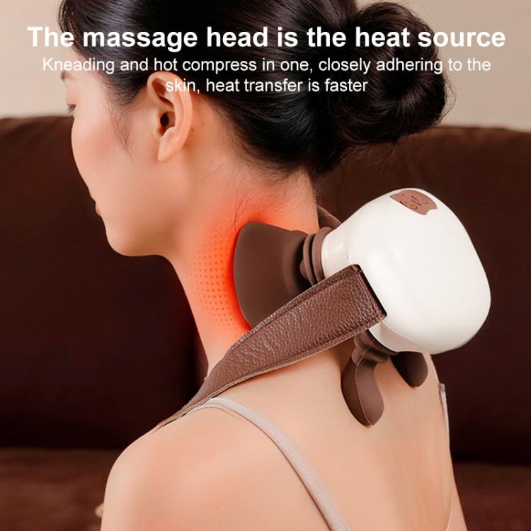 Neck massager with brown straps and glowing orange heat dots on the massage area