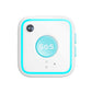 White GPS SOS pendant tracker with turquoise outline, front-right view