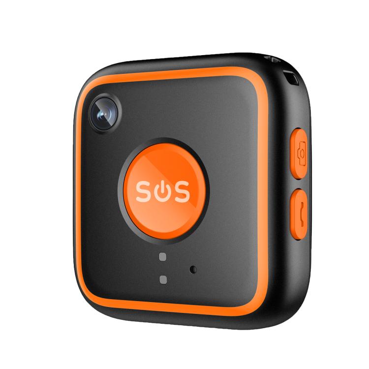 Black GPS SOS pendant tracker with glowing orange SOS button, front view