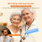 GPS pendant tracker worn by smiling seniors, one holding incoming call phone