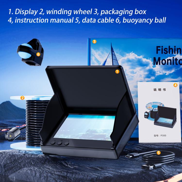 Visual fish finder kit with accessories and instruction booklet beside display unit