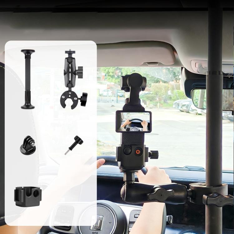 In-car camera mount support pole with phone holder and clamp at dashboard mount