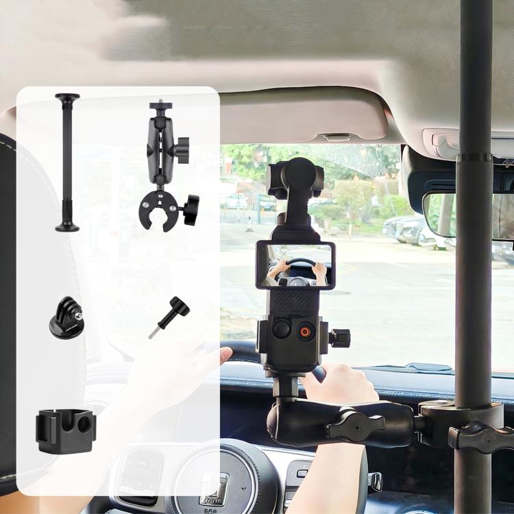 In-car camera mount pole with phone holder and clip-style base for car use