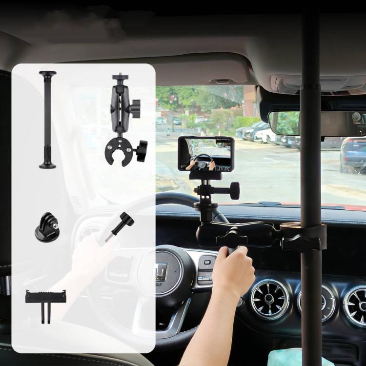 Car camera mount support pole with phone holder and dashboard clamp