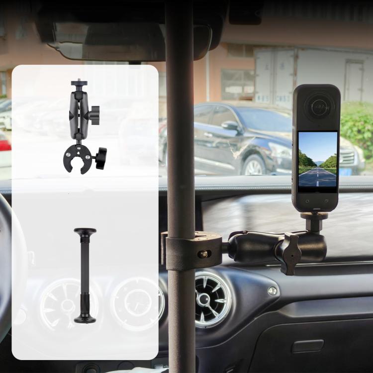 In-car camera mount support pole with phone holder and base clip