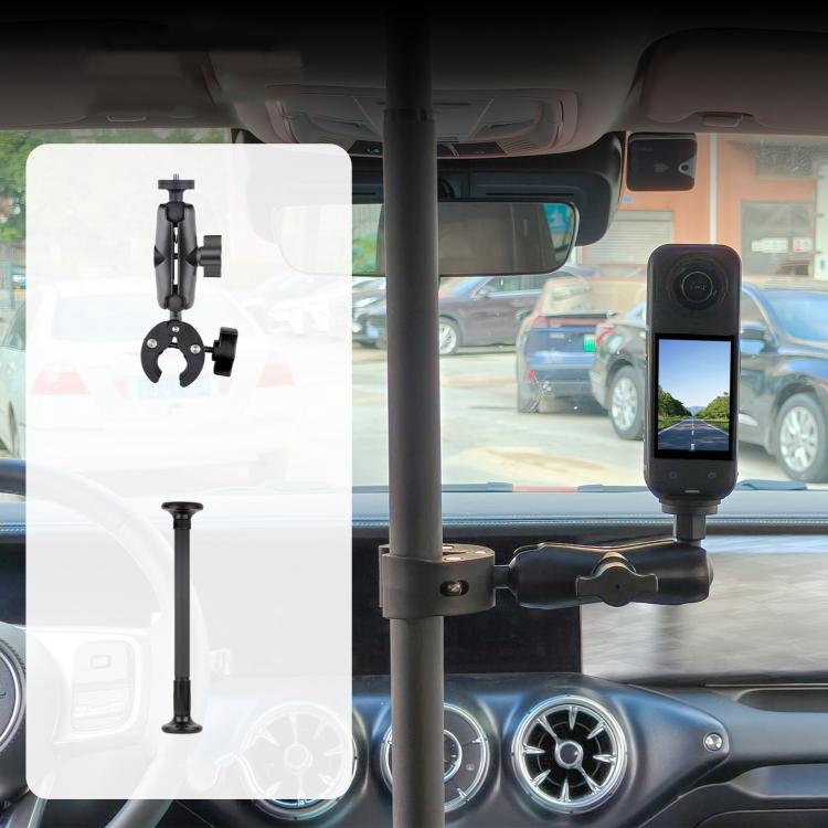 In-car camera mount support pole with phone holder and clamp on dashboard
