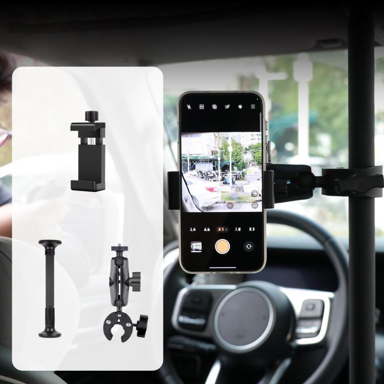 Adjustable in-car camera mount support pole with phone clamp and suction base