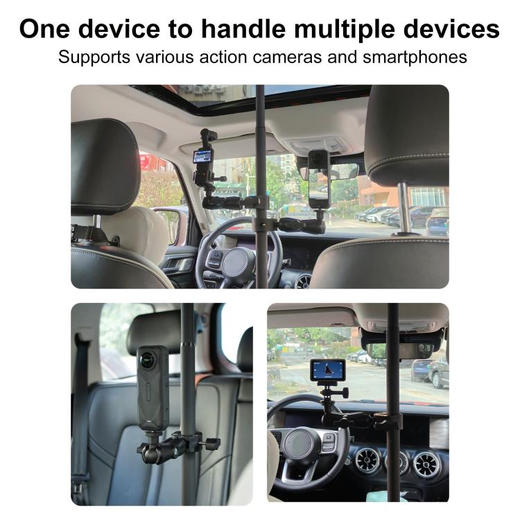 In-car camera mount support pole with adjustable extension, black, with device clips