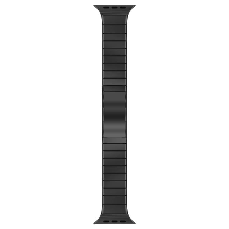 Black metal Apple Watch band shown alone, with linked bracelet and watch attachment ends.