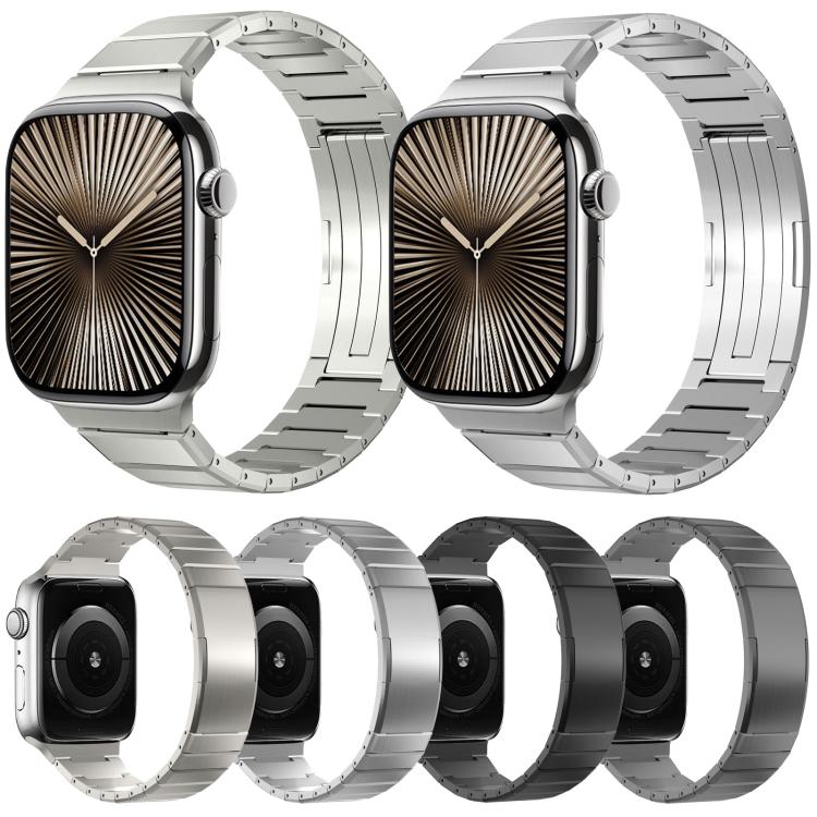 Titanium alloy watch band shown in silver, gray, and black with watches attached.
