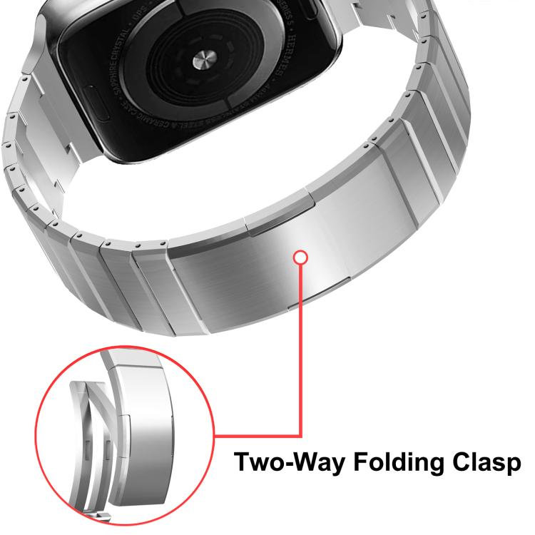 Silver titanium alloy watch band with a two-way folding clasp detail.