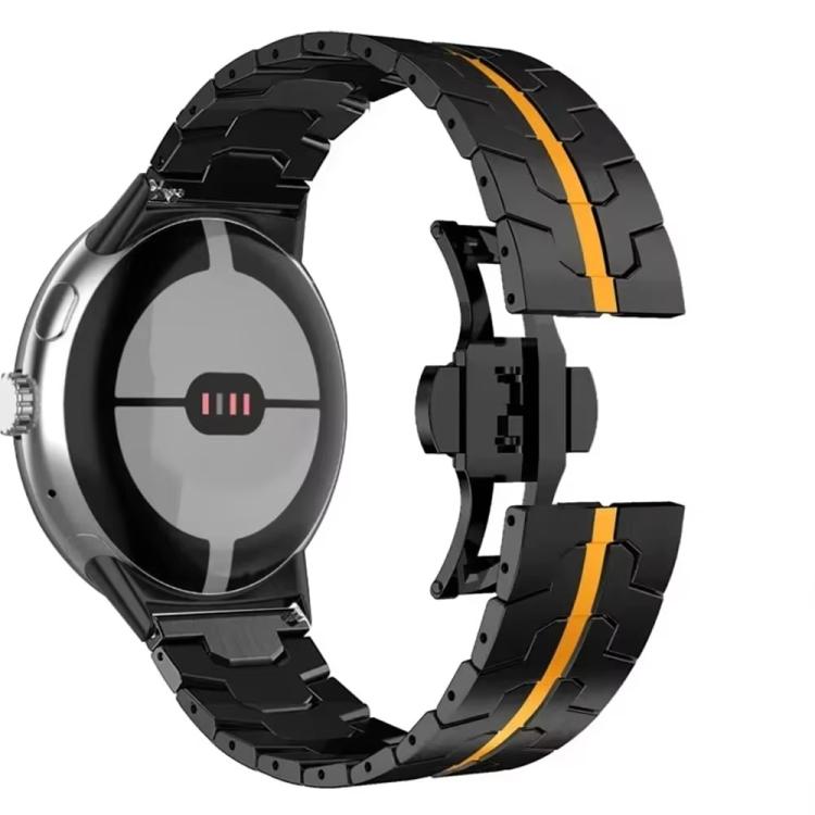 Black stainless steel watch band with orange center stripe and butterfly clasp