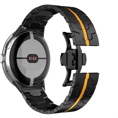 Black stainless steel watch band with orange center stripe and butterfly clasp